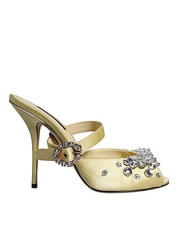 Dolce & Gabbana Basic Yellow Satin Crystal-Embellished Heeled Mule Sandals (view 1)