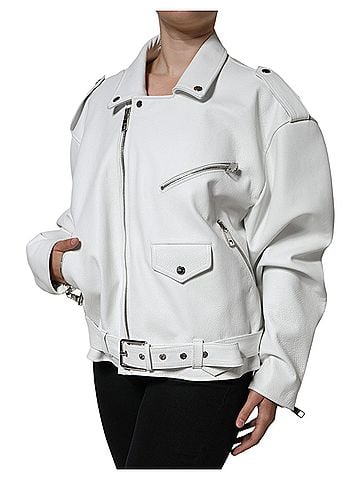 Dolce & Gabbana Basic White Lambskin Leather Biker Coat Women's Jacket (view 2)