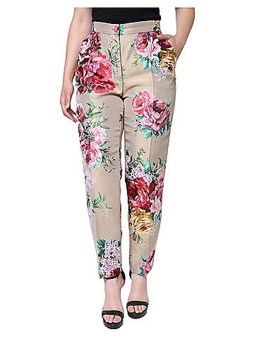 Dolce & Gabbana Basic Beige Floral Jacquard High Waist Tapered Women's Pants (view 1)
