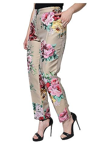 Dolce & Gabbana Basic Beige Floral Jacquard High Waist Tapered Women's Pants (view 2)