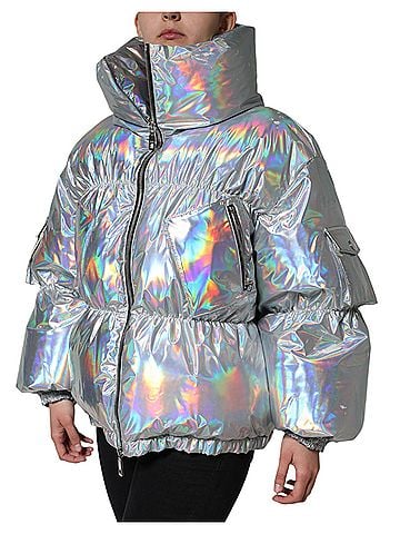 Dolce & Gabbana Basic Silver Iridescent Puffer Full Zip Coat Women's Jacket (view 2)