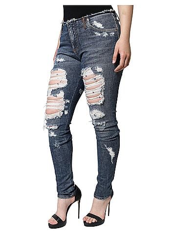 Dolce & Gabbana Basic Blue Cotton Stretch Tattered Skinny Women's Jeans (view 2)
