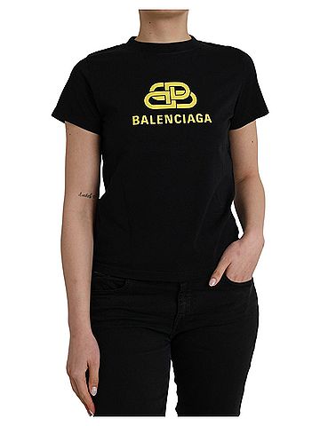 Balenciaga Black Cotton Logo Print Crew Neck Short Sleeves Women's T-shirt (view 1)