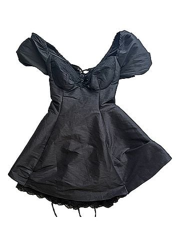 Lulus Enchanting Presence Black Taffeta Lace Puff Sleeve Mini Dress Cocktail Dress (view 1)