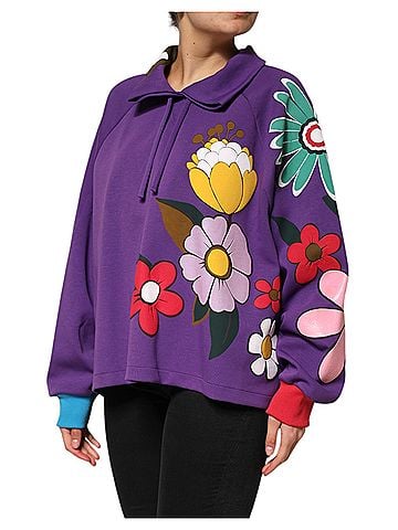Dolce & Gabbana Basic Purple Floral Print Cotton Long Sleeves Women's Top (view 2)