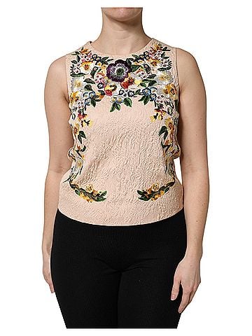 Dolce & Gabbana Basic Beige Floral Embroidery Sleeveless Tank Women's Top (view 1)