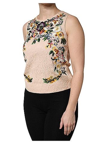 Dolce & Gabbana Basic Beige Floral Embroidery Sleeveless Tank Women's Top (view 2)