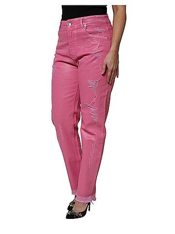 Dolce & Gabbana Basic Pink Tattered Mid Waist Tapered Denim Women's Jeans (view 2)