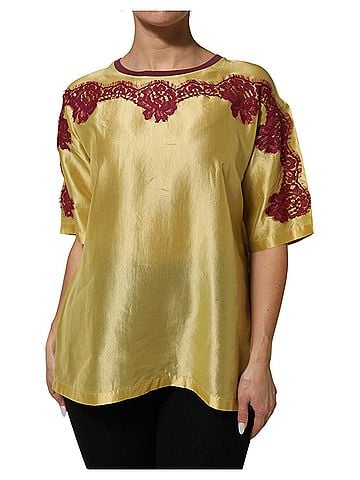 Dolce & Gabbana Basic Yellow Silk Satin Floral Lace Short Sleeves Women's Top (view 1)