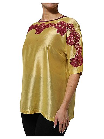 Dolce & Gabbana Basic Yellow Silk Satin Floral Lace Short Sleeves Women's Top (view 2)