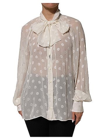 Dolce & Gabbana Basic White Polka Sheer Silk Bow Tie Shirt Blouse Women's Top (view 1)