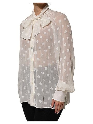 Dolce & Gabbana Basic White Polka Sheer Silk Bow Tie Shirt Blouse Women's Top (view 2)