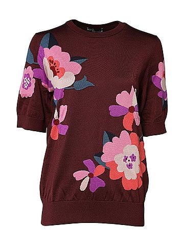 Dolce & Gabbana Basic Maroon Floral Silk Crew Neck Blouse Women's Top (view 1)