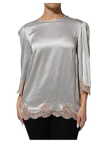Dolce & Gabbana Basic Gray Silk Satin Floral Lace Long Sleeve Women's Top (view 1)
