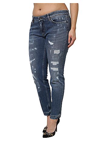 Dolce & Gabbana Basic Blue Tattered Cotton Low Waist Denim Women's Jeans (view 2)