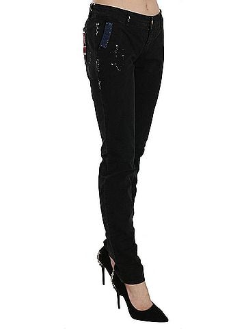 John Galliano Black Low Waist White Paint Skinny Denim Pants Women's Jeans (view 2)