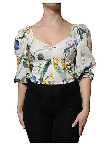 Dolce & Gabbana Basic White Floral Puff Sleeves Crop Blouse Women's Top (view 1)