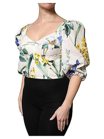 Dolce & Gabbana Basic White Floral Puff Sleeves Crop Blouse Women's Top (view 2)