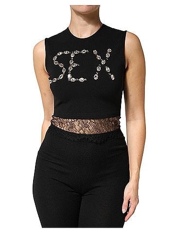 Dolce & Gabbana Basic Black Jersey Lace Ruching Rhinestone Tank Women's Top (view 1)