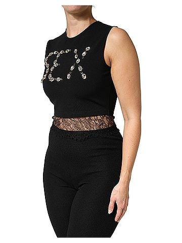 Dolce & Gabbana Basic Black Jersey Lace Ruching Rhinestone Tank Women's Top (view 2)
