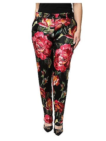 Dolce & Gabbana Basic Black Floral Silk Mid Waist Tailored Trousers Women's Pants (view 1)