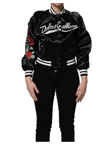 Dolce & Gabbana Basic Black Satin Floral Embroidery Bomber Women's Jacket (view 1)