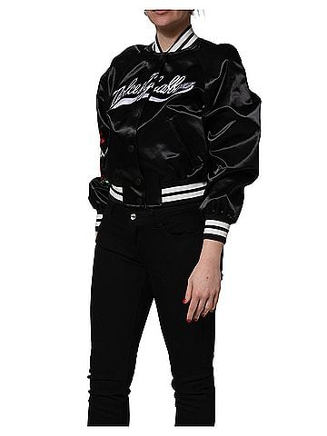 Dolce & Gabbana Basic Black Satin Floral Embroidery Bomber Women's Jacket (view 2)