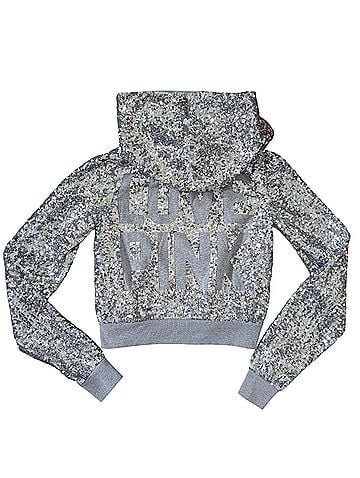 Victoria's Secret Pink Rare Silver Bling Sequin Love PINK Logo Cropped Full Zip Hoodie Jacket (view 2)