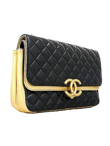 Chanel Chanel Matelassé Shoulder Bag with Double Chain, Lambskin, Black and Gold, Women's (view 2)