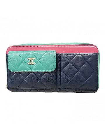 Chanel Chanel long wallet, Matelassé, caviar leather, navy, turquoise blue, pink, champagne, women's. (view 1)