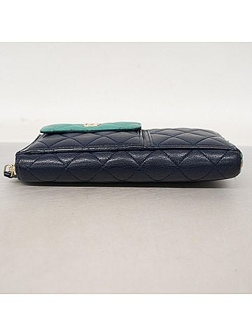 Chanel Chanel long wallet, Matelassé, caviar leather, navy, turquoise blue, pink, champagne, women's. (view 2)