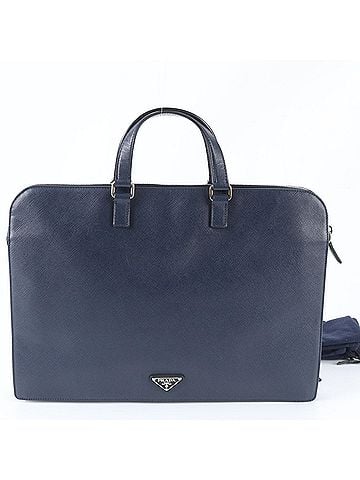 Prada Prada Saffiano Triangle Logo Leather Handbag Tote, Navy, Men's (view 1)