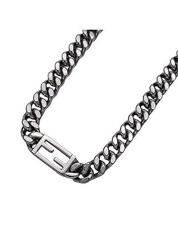 Fendi Fendi necklace for women and men, brand name, baguette shape, metal, silver chain necklace, curb chain. (view 1)