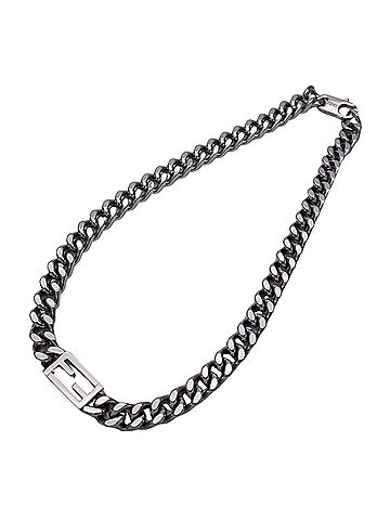 Fendi Fendi necklace for women and men, brand name, baguette shape, metal, silver chain necklace, curb chain. (view 2)