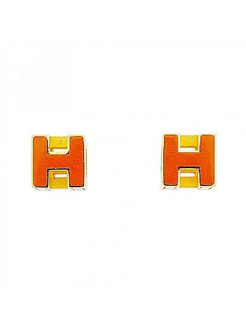 Hermès Hermes H-Cube Earrings, GP Plated, Gold, Orange, Women's (view 1)