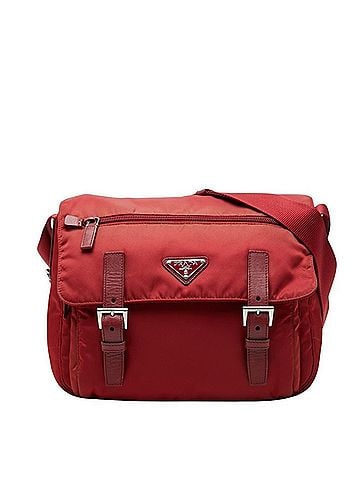 Prada Prada Triangle Logo Plate Crossbody Shoulder Bag, Red Nylon Leather, Women's PRADA (view 1)