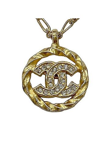 Chanel CHANEL Coco Mark Round Necklace 1982 Rhinestone Gold Color Women's (view 2)