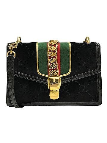 Gucci GUCCI Sylvie Shoulder Bag for Women, Velour, GG Pattern, Gold Chain, Black, 524405 493075 T1 (view 1)