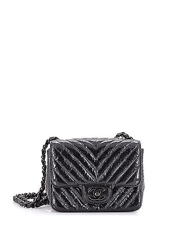 Chanel So Black Square Classic Single Flap Bag Chevron Crumpled Metallic Patent Mini (view 1)