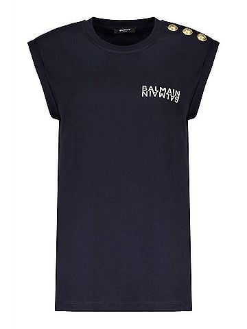Balmain Women's Cotton Sleeveless Logo Tank Shirt in Black (view 1)