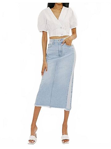 KANCAN JEANS Midi High Rise Denim Contrast Skirt in Light Denim (view 2)