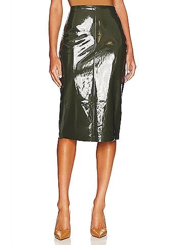 Commando Faux Patent Leather Midi Skirt in Olive (view 2)