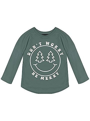 Tiny Whales Kid's Be Merry Raglan Tee in Forest (view 1)