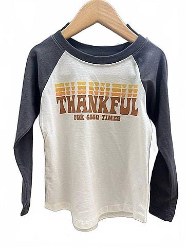 Tiny Whales Kid's Thankful Long Sleeve Raglan Tee 7 Mo in Cream (view 2)