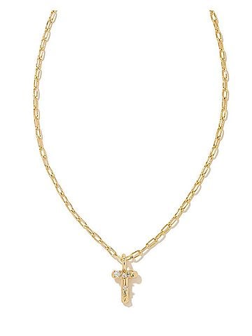 Kendra Scott Women's Crystal Letter T Short Pendant Necklace in Gold White (view 1)