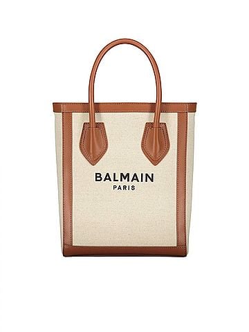 Balmain Women's Leather Trimmed Canvas Tote Bag in Beige (view 1)
