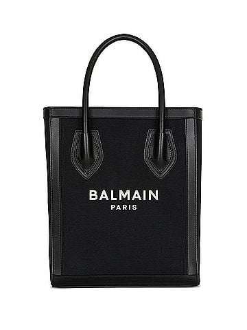 Balmain Women's Leather Trimmed Canvas Tote Bag in Black (view 1)