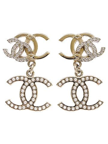 Chanel CHANEL B21A Triple Coco Mark Rhinestone Imitation Pearl Earrings, Gold, Women's (view 1)