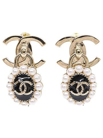 Chanel CHANEL A21A Imitation Pearl Coco Mark Drop Earrings Gold Black Women's (view 1)