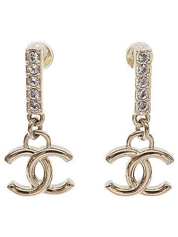 Chanel CHANEL B24V Coco Mark Rhinestone Bar Drop Earrings, Gold, Women's (view 1)